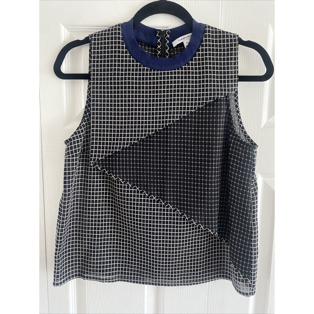 Carven Black and White Geometric Sleeveless Top with Navy Trim - Picture 2 of 10